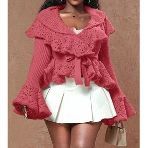 Classic Ruffle Detail Bell Sleeve Belted Knit Cardigan Sweater